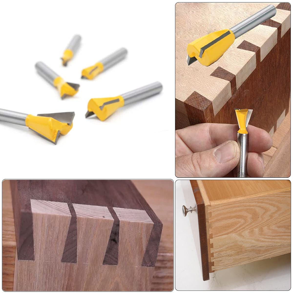Set di 5 punte da 8 mm con codolo di rondine, per lavorazione del legno, per fresatura a coda di rondine, set di frese comuni [1/4" 1/2" 3/8" 5/8" 3/4"]