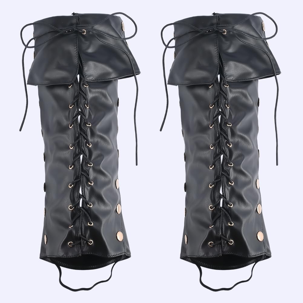 GORGECRAFT 2 Funda para Botas Medievales de Piel Sintética Negra Protectores de Piernas de Piel Sintética Botas Piratas Polainas Vintage de Caballero Renacentista Disfraz Halloween Carnaval Cosplay
