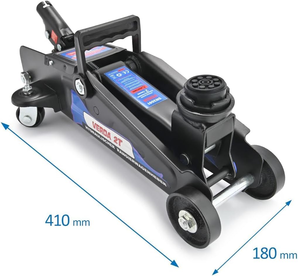 Cric hydraulique 2T, 140–310 mm, avec Patin en Caoutchouc Extra Plat, pour SUV et Jeep, cric rouleur avec Mallette de Transport pour véhicules Tout-Terrain, incluant des Gants