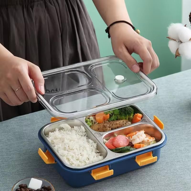 Image of Sanghariyat 3 Compartment Lunch Box Insulated Air Tight BPA Free Lunch Box, Stainless Steel 100% Leak Proof Lunch Containers with a Fork a Spoon and a Pair of Chopsticks for School Kids -750Ml (Blue)