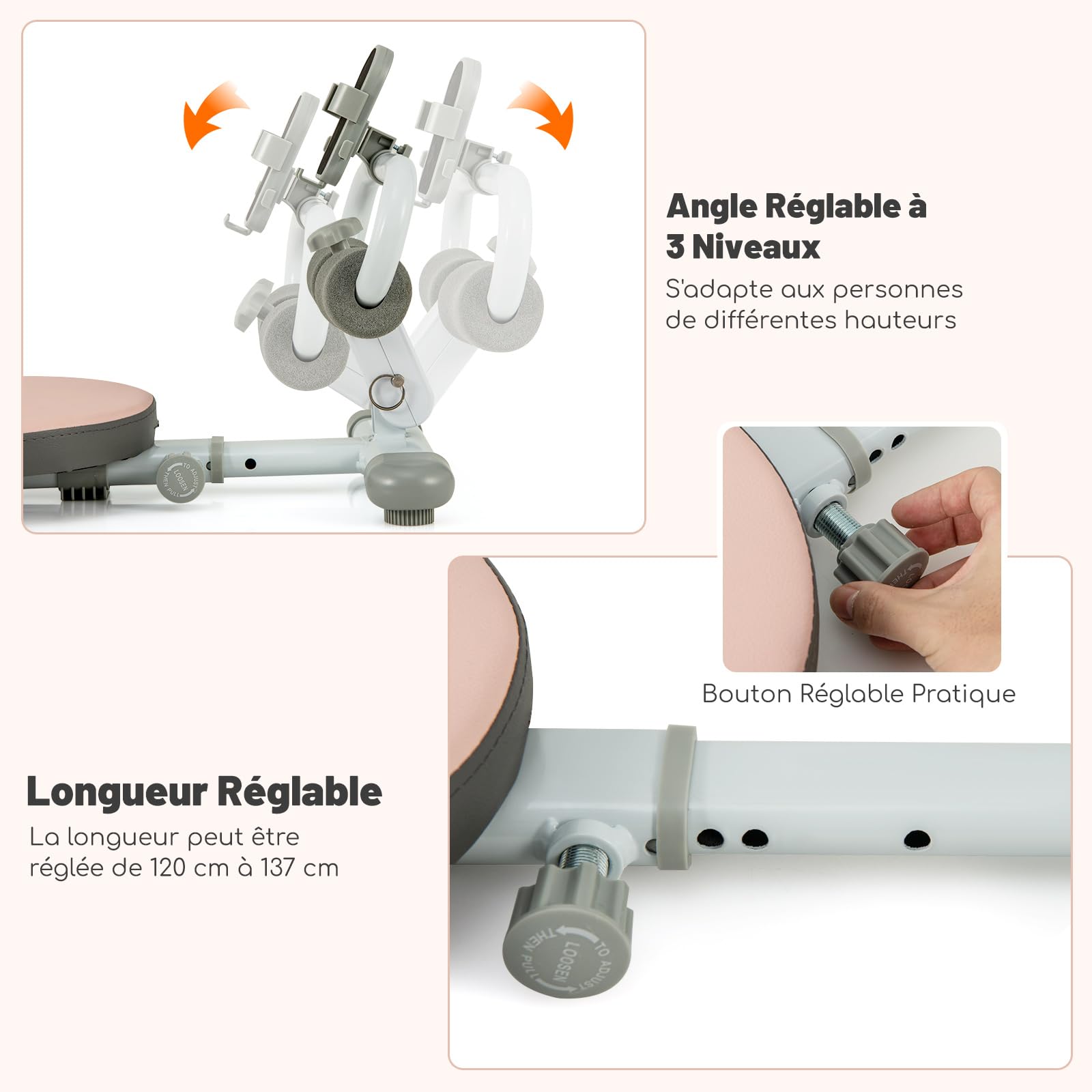 GYMAX Banc Musculation Plat pour Fitness, Longueur Régable 120-137 CM, Inclinaison Régable de Support des Pieds à 3 Niveaux, pour Entraînement des Abdominaux et des Jambes, avec Porte-Téléphone
