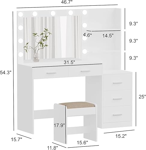 Miniatura 6 de Rovaurx Juego de tocador de maquillaje de 46.7" de ancho con luces y espejo, escritorio de tocador de madera con 5 cajones, 3 modos de iluminación