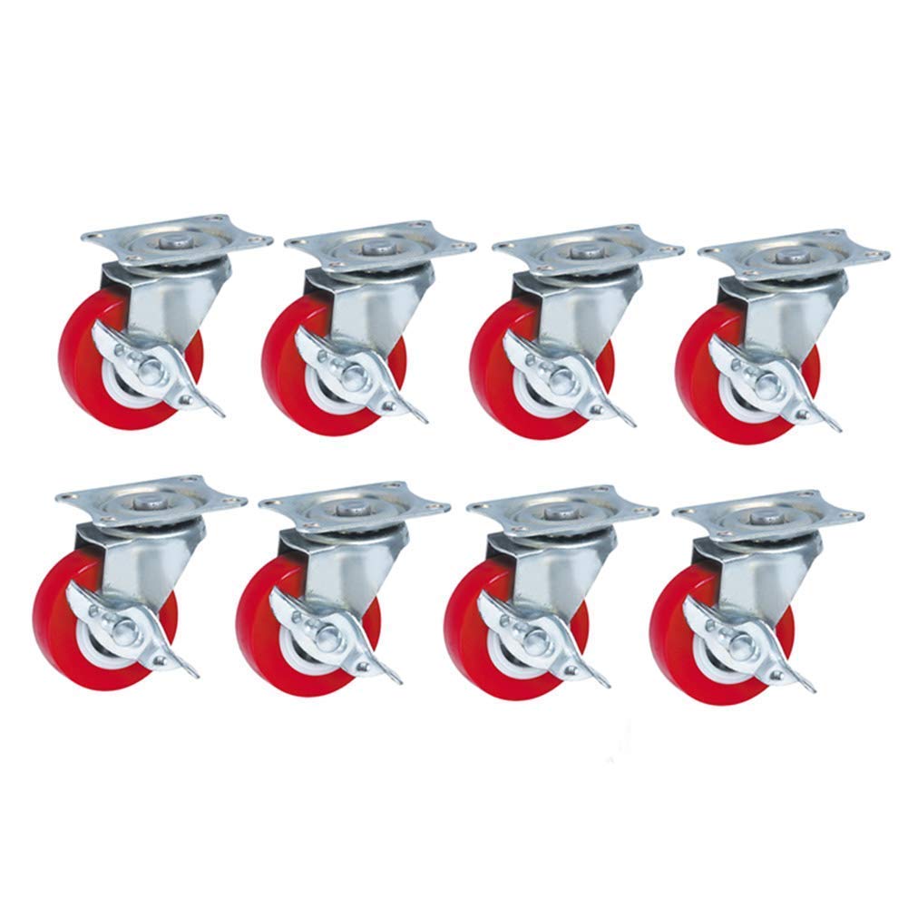 1,5-Zoll-Möbelrollen, drehbare Räder mit Bremse, universell, geräuschlos, 2 Zoll, 50 mm, 50 kg pro Rad, Trolley-Gerüst-Transportrollen für Garten-Blumentopf-Basis, Rot, 8 Stück