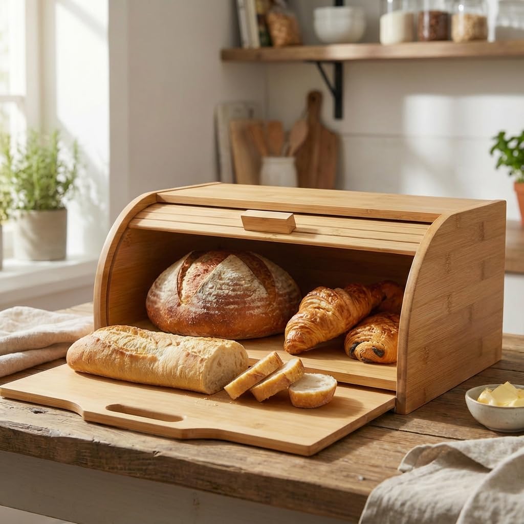 Maison Des Cadeaux Bamboo Roll Top Bread Bin Box With Built-In Pull-Out Chopping Board Countertop Storage