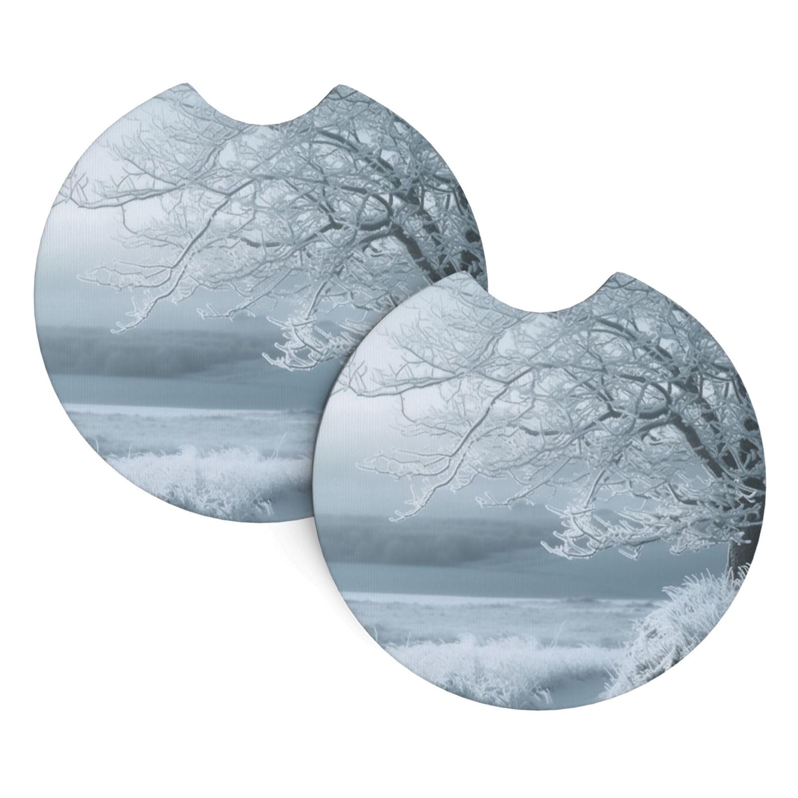 2PCS Car Coaster for Cup Holders Universal Auto Cup Mat Snow and Frosted Tree Cup Coaster Pad 2.7" Waterproof Neoprene Non-Slip Cup Holder Coasters Car Interior Accessories for Women Men