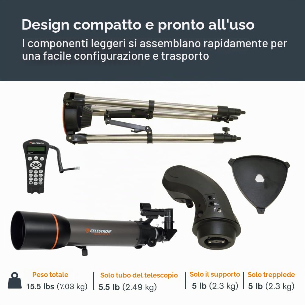 Celestron 22096 NexStar 102SLT Telescopio rifrattore computerizzato portatile treppiede regolabile, montatura altazimutale a forcella, accessori per visione e software 'Starry Night', grigio/nero