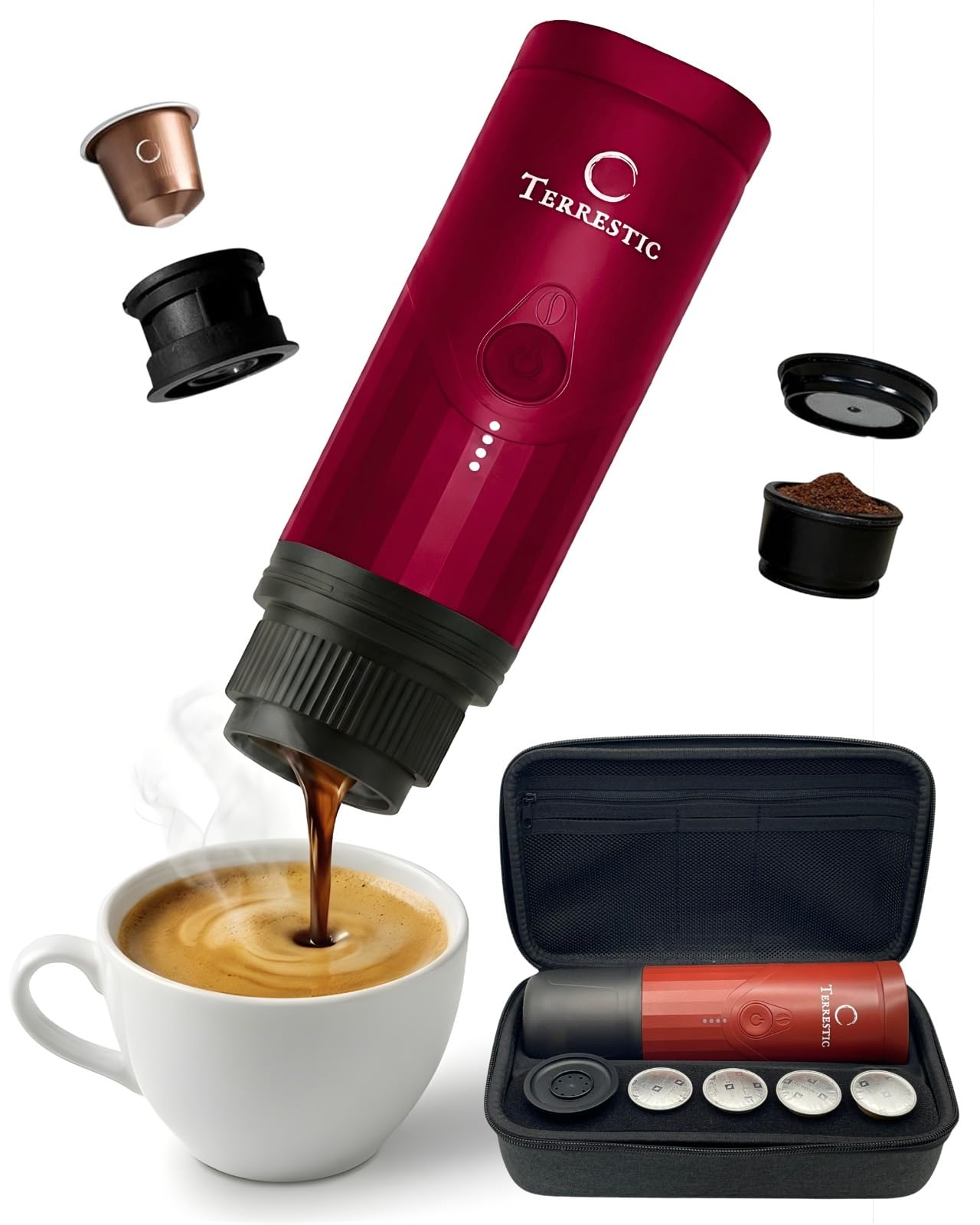 Cafetera expreso eléctrica portátil Dose + estuche rígido de viaje - Para café molido y cápsulas Nespresso, funciona con pilas y se carga por USB-C, ideal para coche, camping (Rojo rubí)