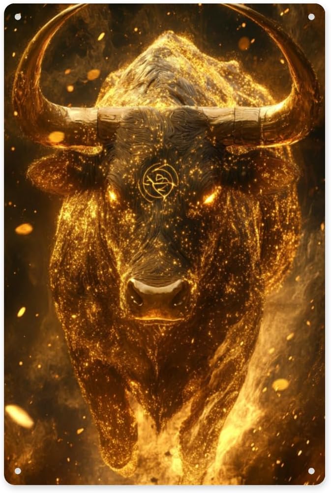Taurus radiating golden light Metal tin sign,Fantasy starry sky background,Classic Zodiac sign themed home wall art poster,man cave, office wall decoration tinplate 6x8 inch