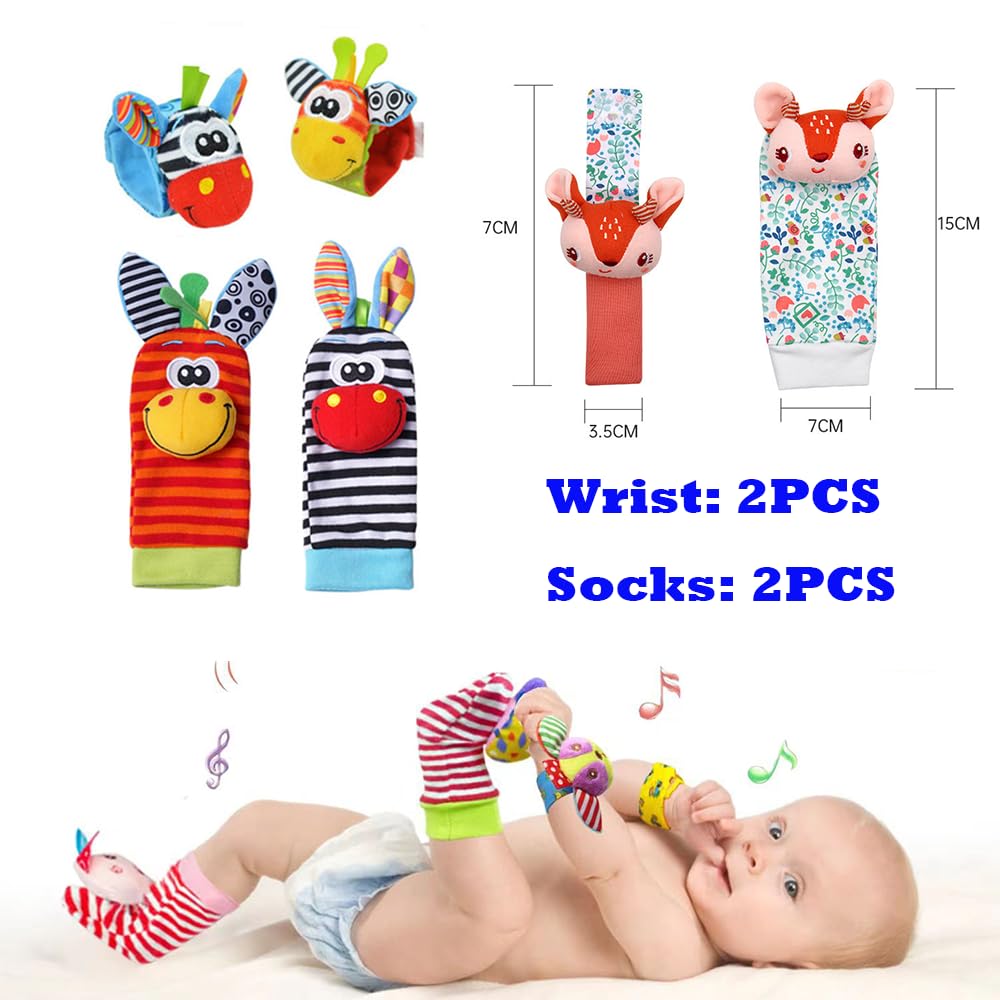 9 toys for babies aged 3-18 months, including silicone remote control, dental teething stick, 3D book for baby toys, rattles and wristbands, and baby bell toys