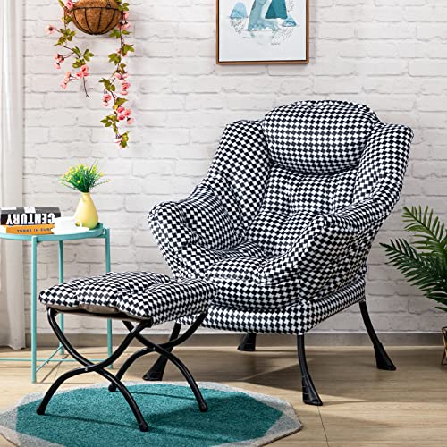 Hollyhome Modern Fabric Large Lazy Chair And Folding Footrest Stool Set, Accent Comfy Upholstered Lounge Chair And Portable Ottoman, Reading Leisure Sofa Chair And Metal Footstool, Black&White Grid #TOP6