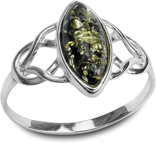 Anillo de plata de ley ámbar verde con nudo de trinidad celta