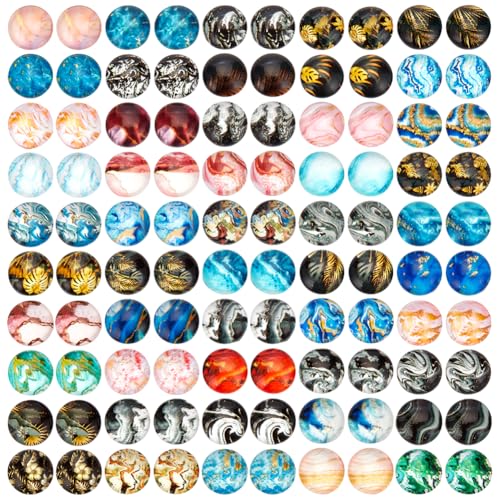 PH PandaHall 100 cabujones de cristal con estampado de mármol de 50 estilos, cabujones de cristal ondulado de hoja de 10 mm, cabujones de cúpula media redonda para colgante de fotos, aretes de