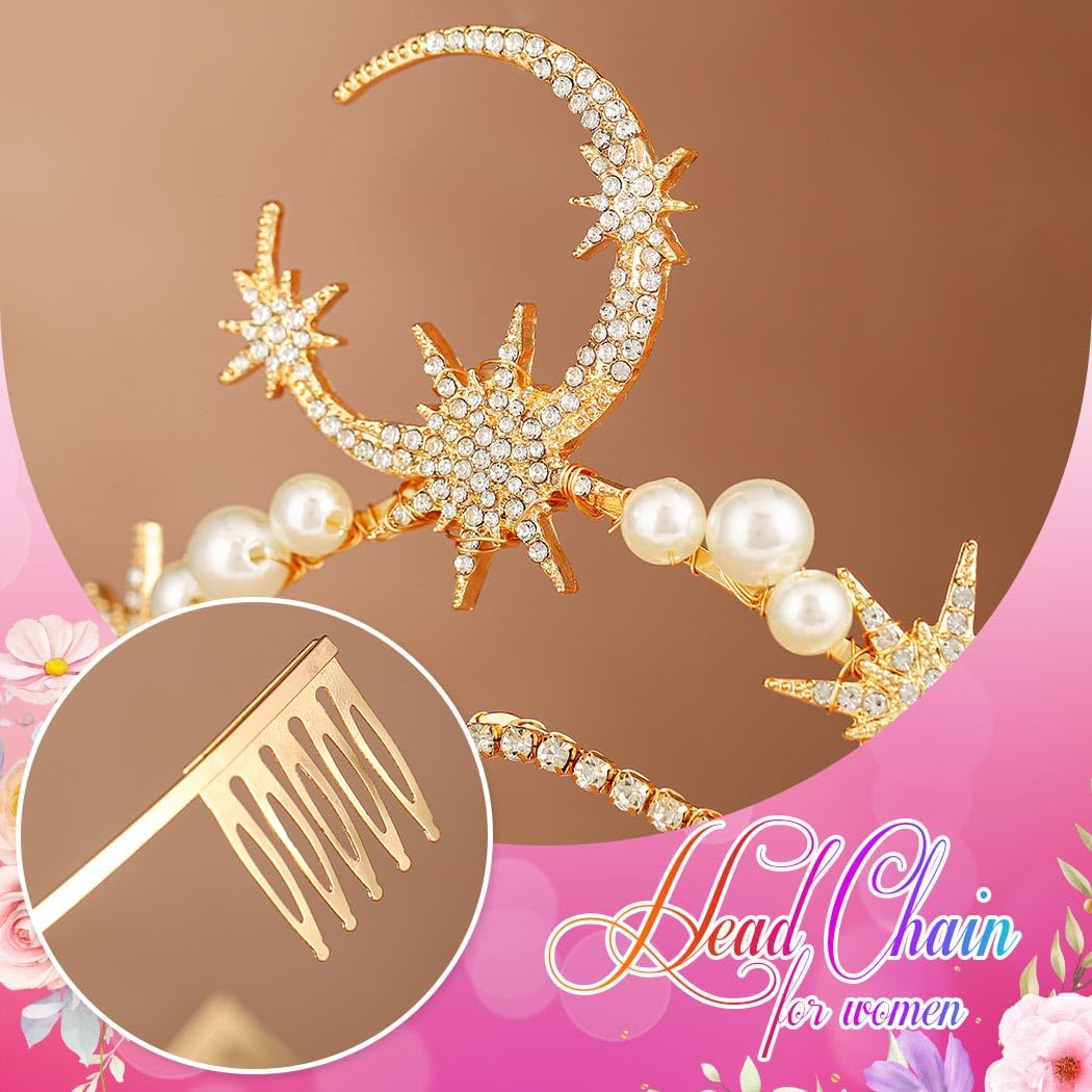 Catery Moon Crown Headpiece Goddess Star Tiara Headband Gold Celestial Headpiece for Women - Image 3