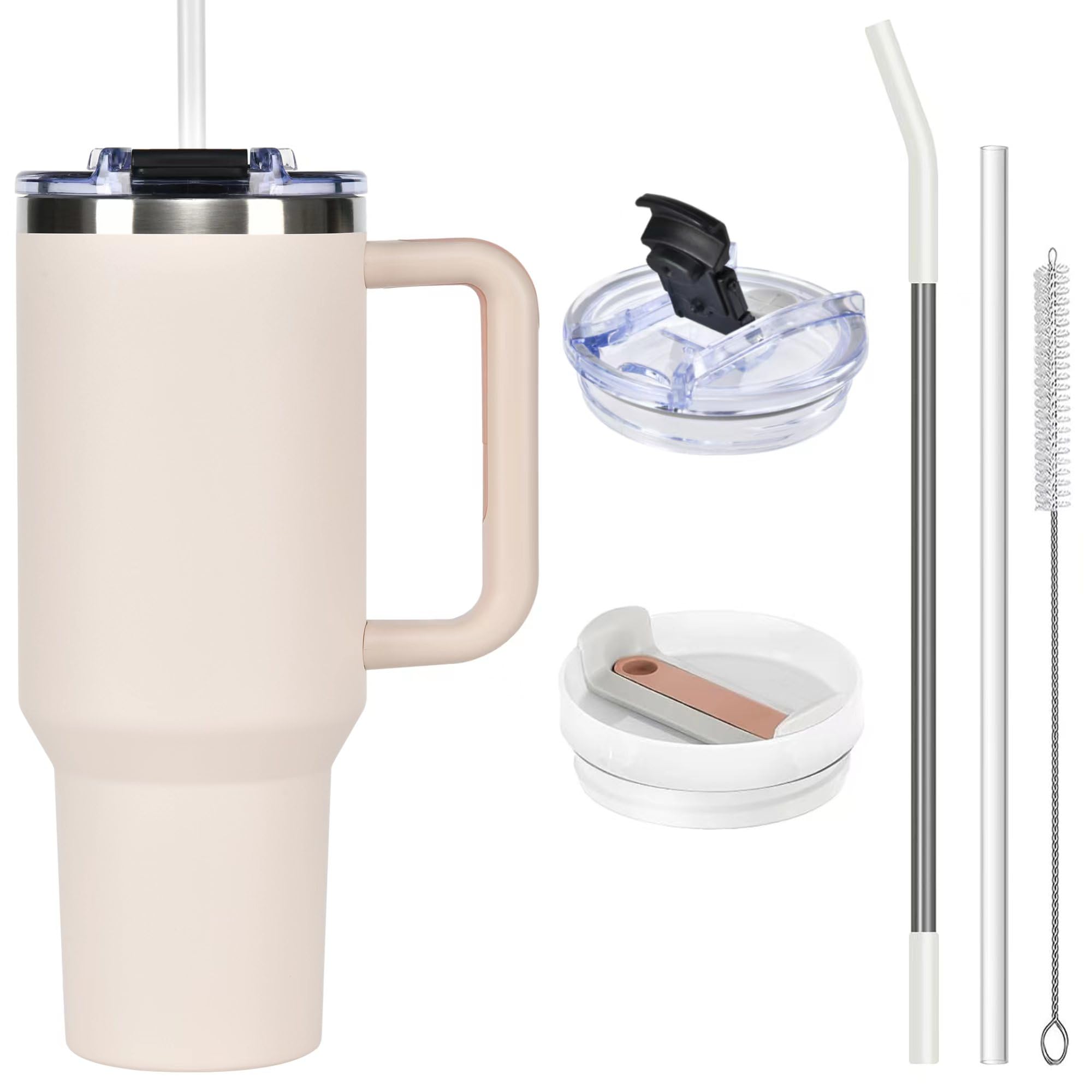 ASPERFFORT 40 oz Tumbler with Handle and Straw Lid Stainless Steel Water Bottle Travel Mug Vacuum Insulated Ice Coffee Mug For Car?Truck?Gift Pink Dust