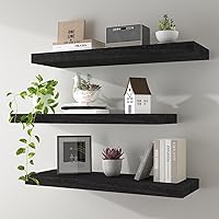 Vista 10 de Estantes flotantes de pared de madera maciza, almacenamiento para dormitorio, sala de estar, juego de 3, estantes de pared negros rústicos