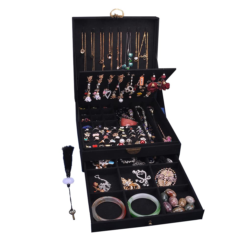 Schmuckkästen für Damen 3 Schichten großer Schmuck-Organizer Aufbewahrungsbox für Ohrringe Halsketten Ringe Armbänder Schmuckhalter abschließbar Schmuckkästchen (Schwarz)