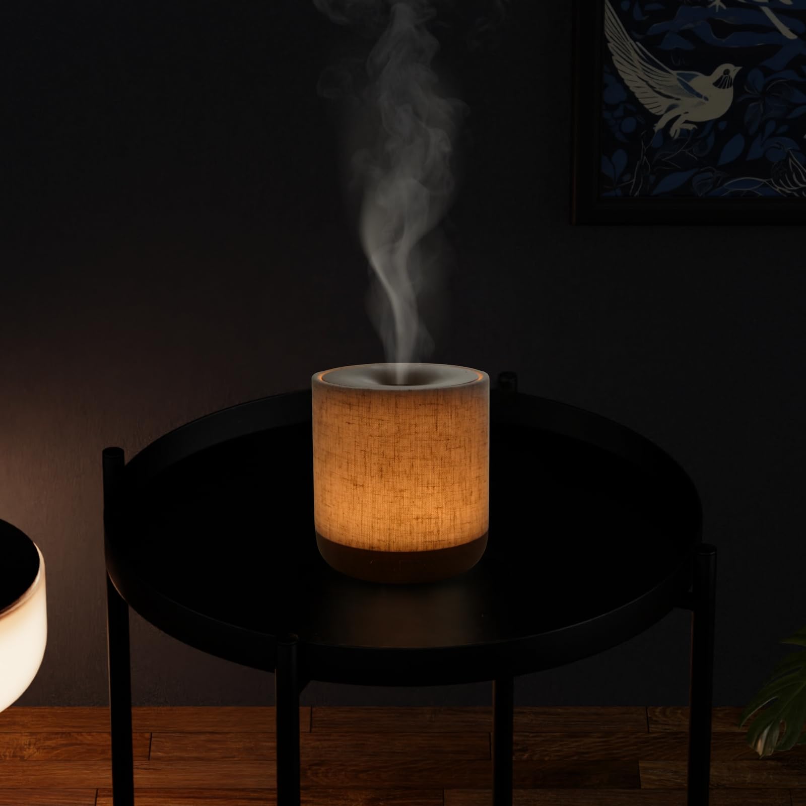 Zen'Aroma Difusor ultrasónico Alesia - Difusión de Aceite Esencial en frío Aromaterapia - Diseño Original, Carcasa de Lona de Lino y Revestimiento de Color Madera - difusión + iluminación