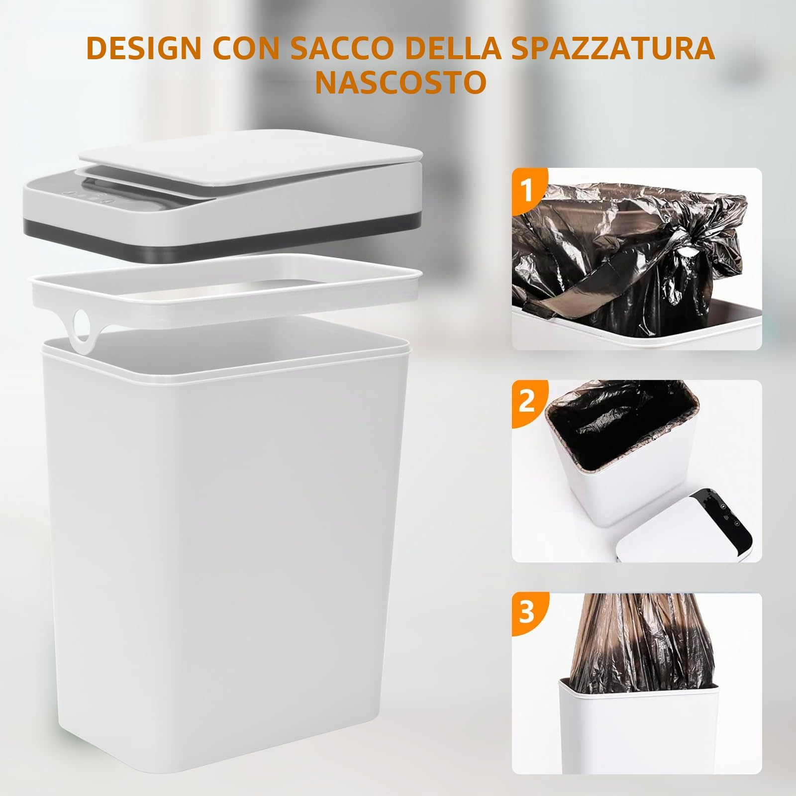 Pattumiera a Sensore 8L, Bidone Spazzatura Piccola con Coperchio, Cestino Spazzatura Intelligente Senza Contatto, Alimentata a Batteria, per l'uso in Cucina Bagno WC Ufficio Hotel (Bianco)