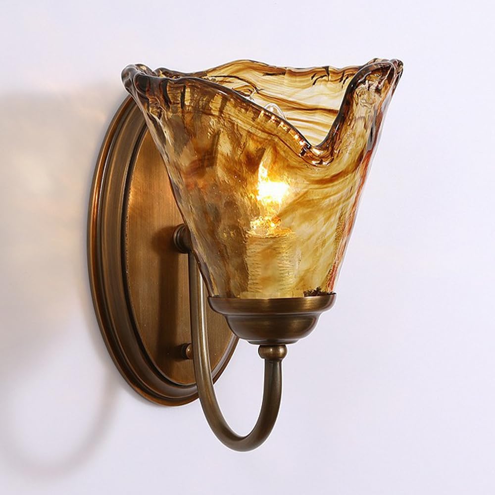 HYJAUSXB Wall Lamps Sconces Vintage Glass Sconce Amber Lampshade Mounted Light, Brass Copper Lamp, 1-Light Lighting Fixtures for Bedside Bedroom, E14 Socket