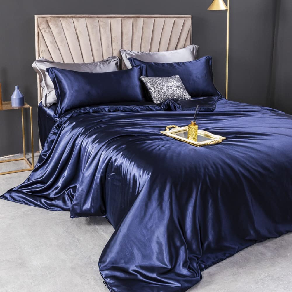 Lanqinglv Navy Blue Single Duvet Cover Set Silky Satin Luxury Bedding Set Single Bed Smooth Shiny Quilt Cover 135X200cm With Zipper Closure And 1 Pillowcase 50X75cm