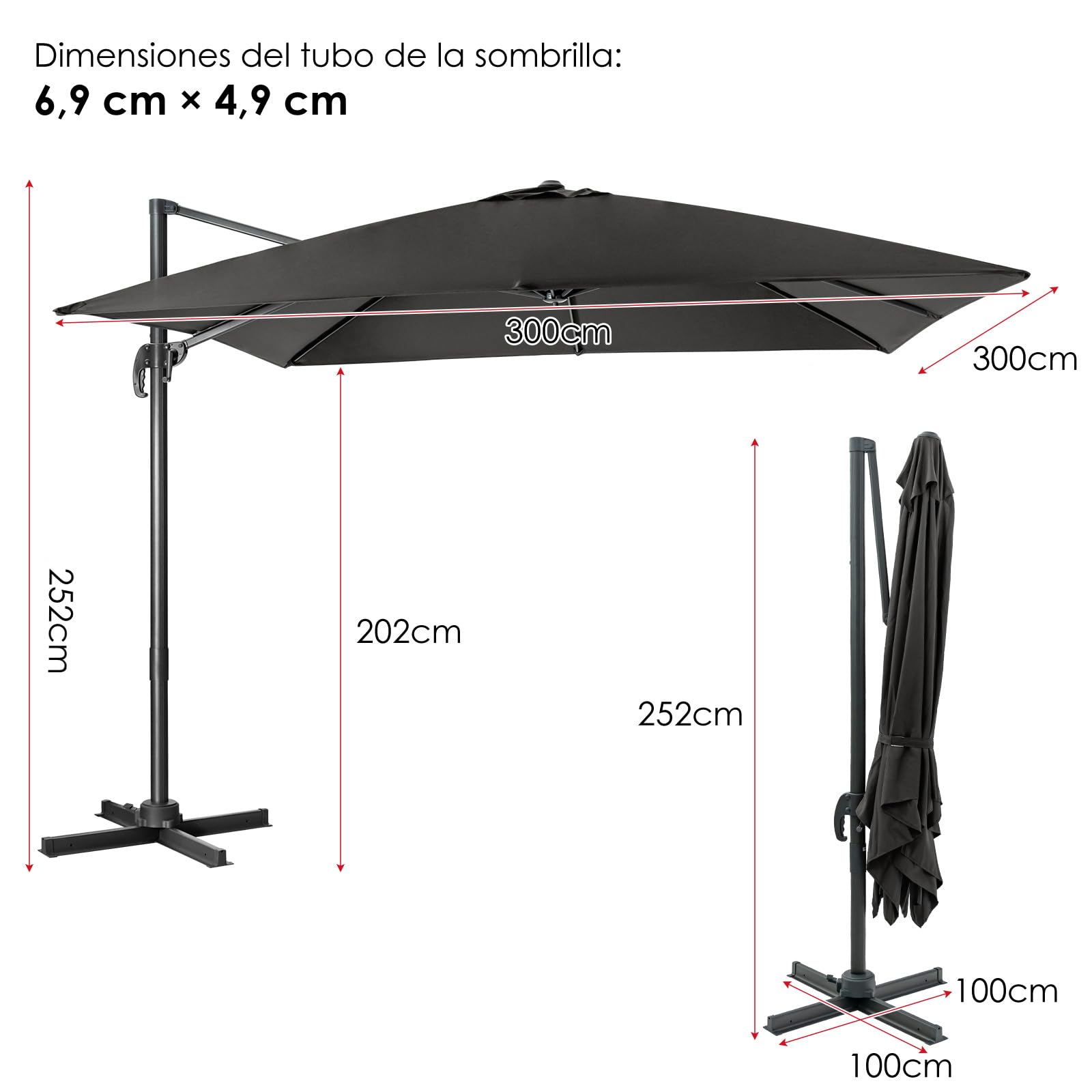 COSTWAY Sombrilla Terraza Exterior 3x3M con Base Cruzada, Sombrilla Rectangular 3 Inclinaciones, Rotación 360°, Parasol Excentrico Grande Jardin Terraza Playa Exterior