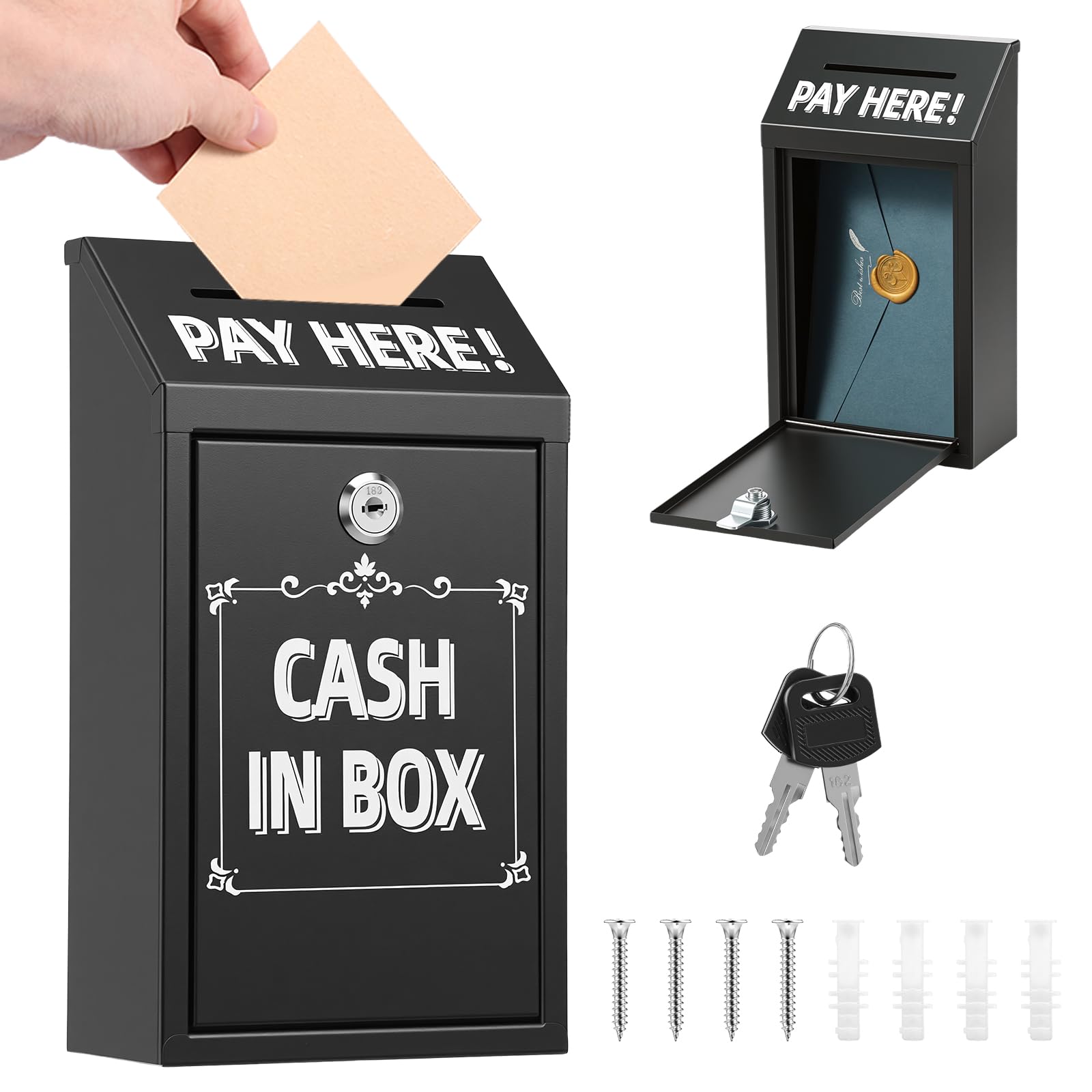 Metal Donation Box with Lock Slot 10.24 x 5.71 x 2.95'' Safe Suggestion Charity Collection Donation Money Lock Box Cash Drop Money Case for Home Office Outdoor Door(black,1)