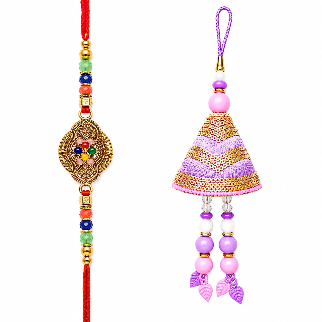 Designer Bhai Bhabhi Rakhi Lumba (Lavendar Latkan) Set Multicolor Kundan | Premium Handmade Raksha Bandhan Thread With Tilak & Akshat for Brother & Sister-in -Law | Traditional Ethnic Combo for Newly Weds Couple-image-13
