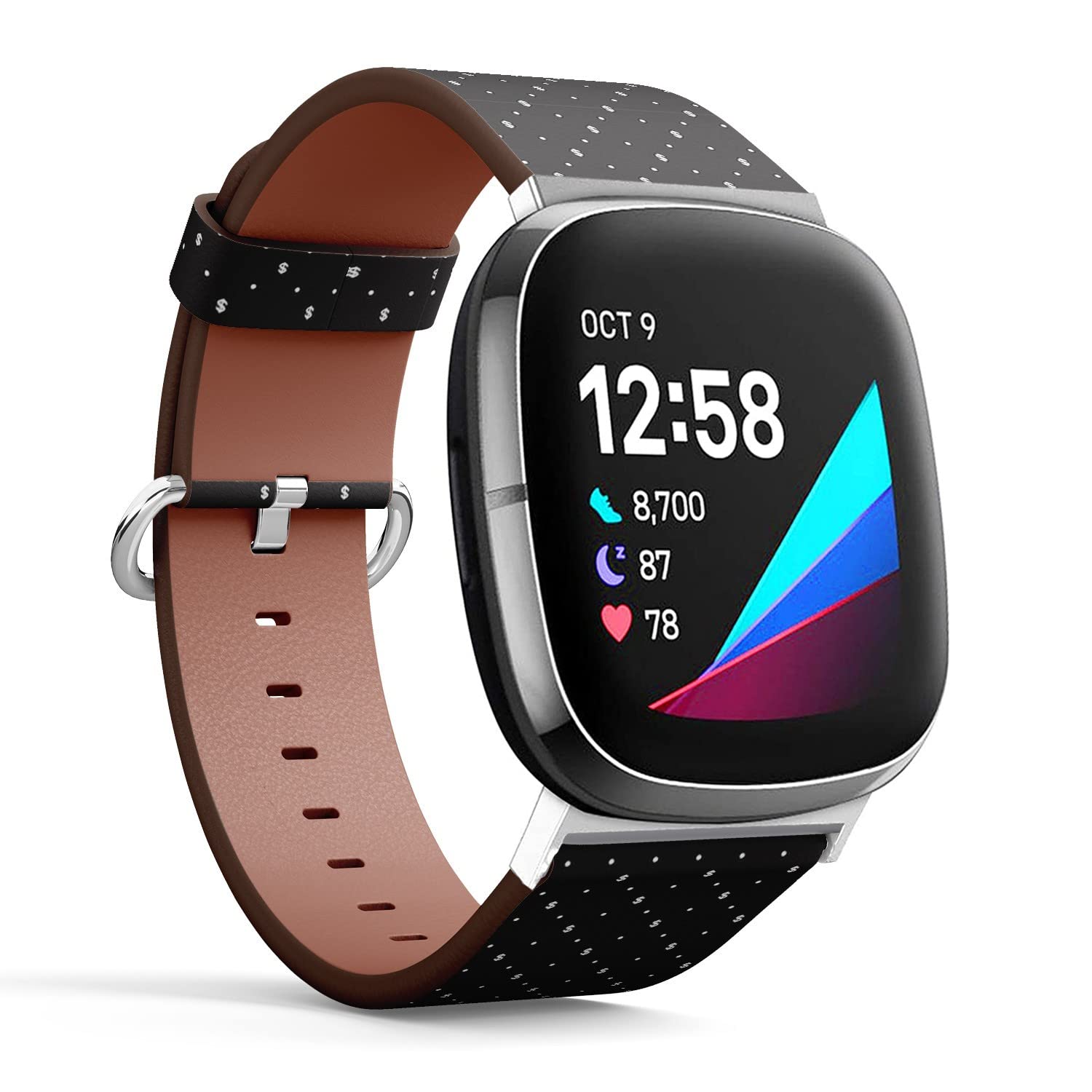 CJBROES Replacement Leather Watch Band, Compatible with Fitbit Versa 3 and Fitbit Sense of Wristband Bracelet Accessory - Dollar-Currency