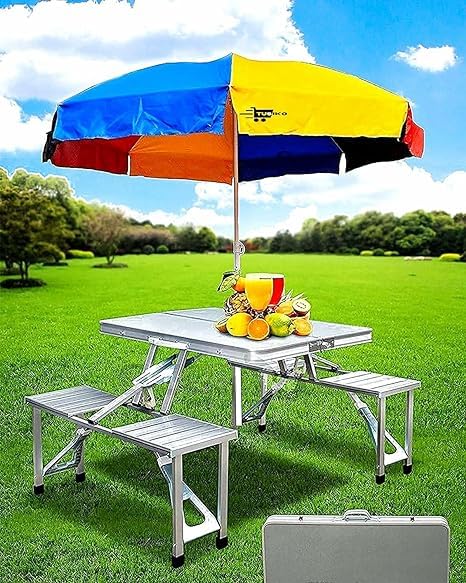 PIXILO Picnic-Table-Heavy-Duty-Aluminium-Portable-Folding-Camp-Suitcase-Picnic-Table-and-4-Chairs-Set-with-Umbrella- (SP-5)