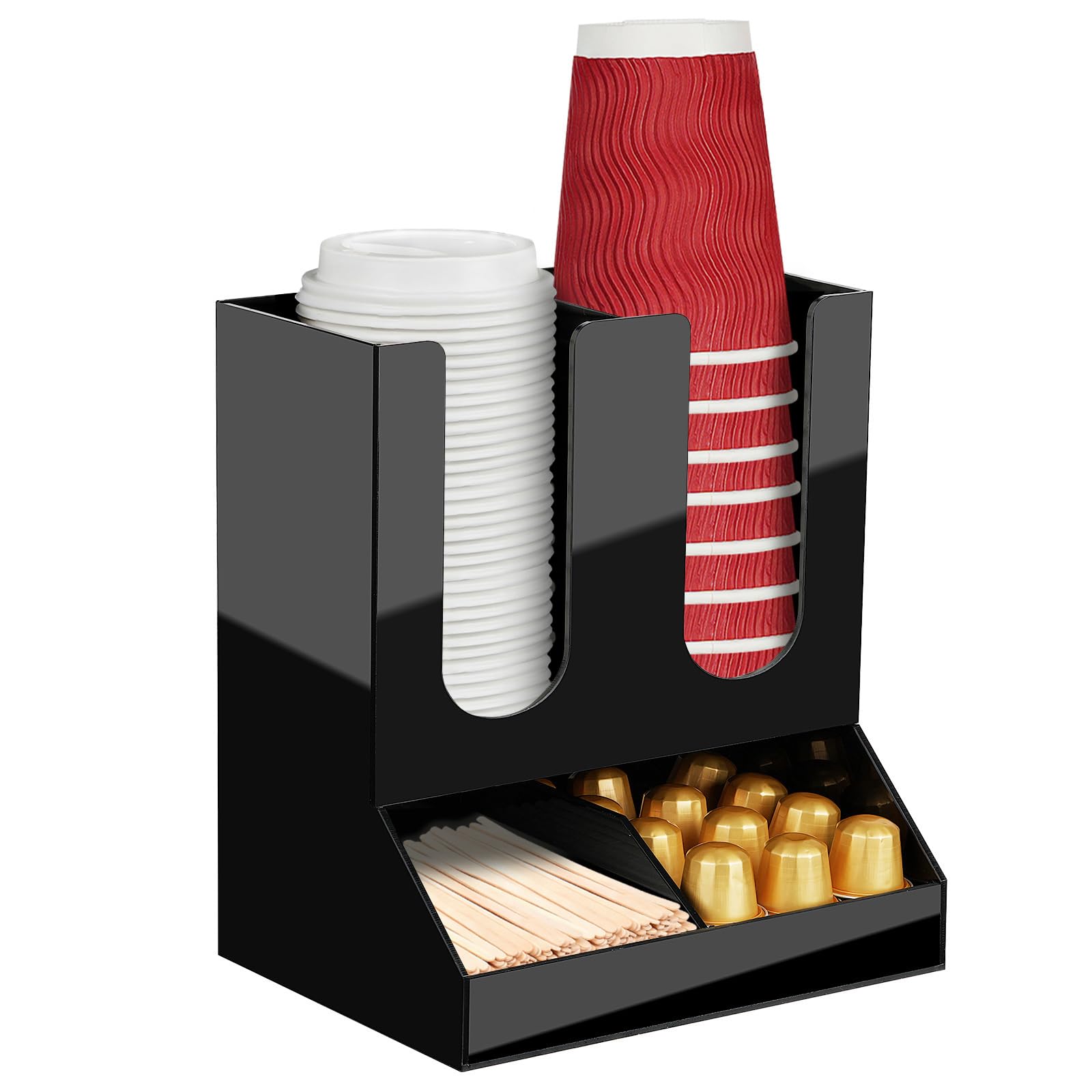 MYITYARD Porta tazze da caffè per piano di lavoro, dispenser per tazze e coperchio, con 4 scomparti, organizer per stazioni di caffè, accessori per bar, per casa, cucina, ufficio e sala pausa