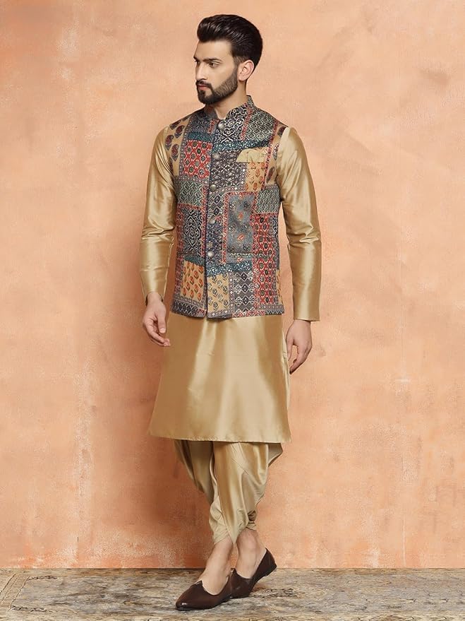 Image of Kisah Men's Cotton Printed Jacket Set with Nehru Jacket Regular Fit | Designer Ethnic Layering | Wedding & Occasion Wear
