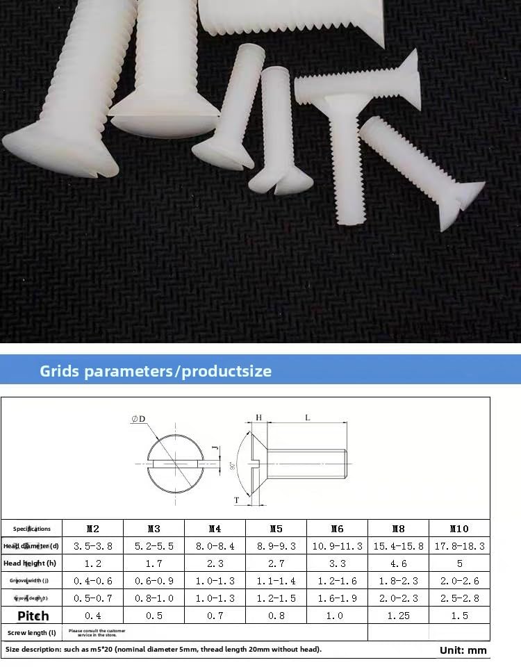 PP-Polypropylen-Schlitz-Senkkopfschrauben M4–M10, Kunststoff-Verbindungselemente (500,M6 x 1.0 x 12mm)