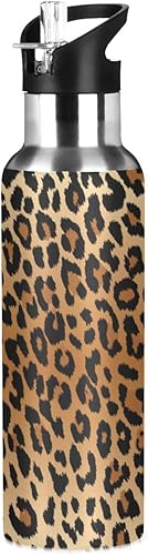 Qilmy Botella de agua deportiva con tapa de pajilla, aislada al vacío, de acero inoxidable, termo de leopardo, botella de agua de 20 onzas