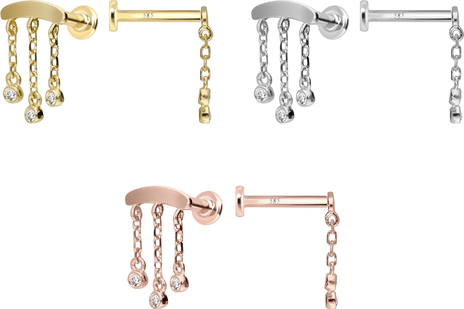 PIERCINGLINE Piercing Stecker 14 Gold Labret mit Innengewinde MOISSANIT-WINDSPIEL 585er Gold - Roségoldfarben, Goldfarben, Silberfarben