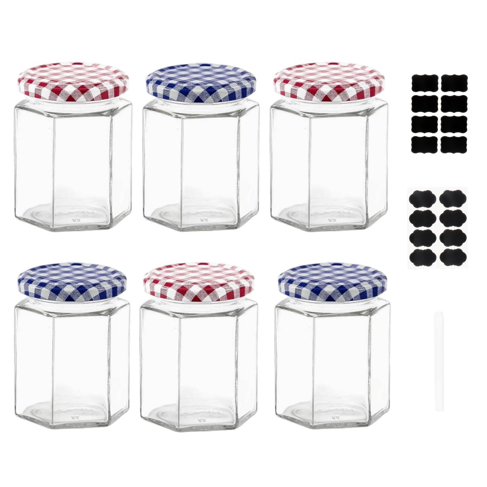 ZhouZGlass Hexagonal Glass Jam Jars Set of 6, 280ml / 9oz Airtight Storage Glass Jars with Screw Top Red and Blue Gingham Lids, Preserving Glass Jars as Pickle Jar, Jams, Honey, Candle Making