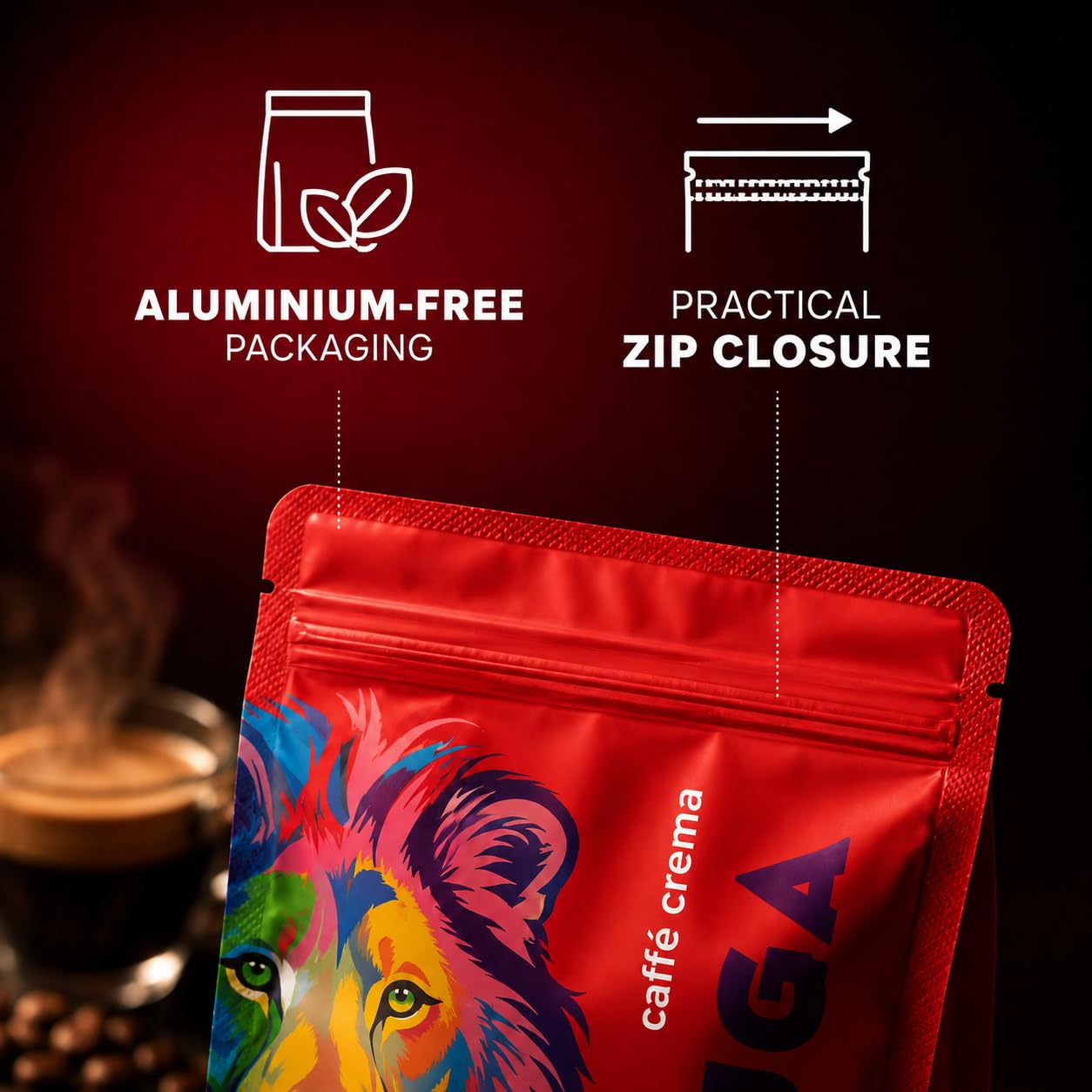 KUGA Caffè Crema Kawa ziarnista 250 g, całe ziarna, belgijskie palenie, 50% Arabica & 50% Robusta, łagodna, kremowa, do ekspresu automatycznego, kolbowego, French Press i kawiarki