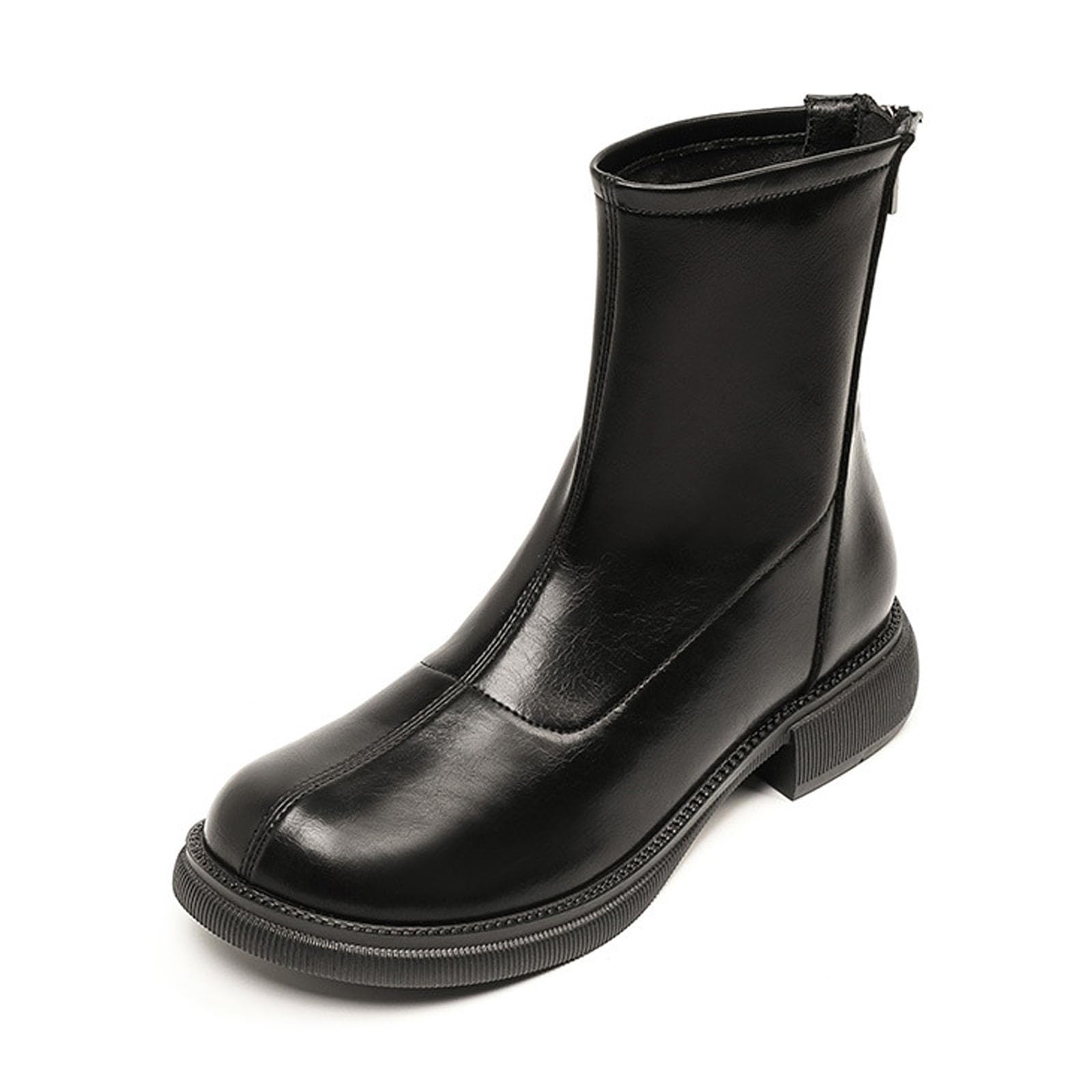 Womens Leather Elastic Low Chunky Heel Chelsea Ankle Boots Round Toe Back Zipper Waterproof Warm Booties Non-Slip Casual