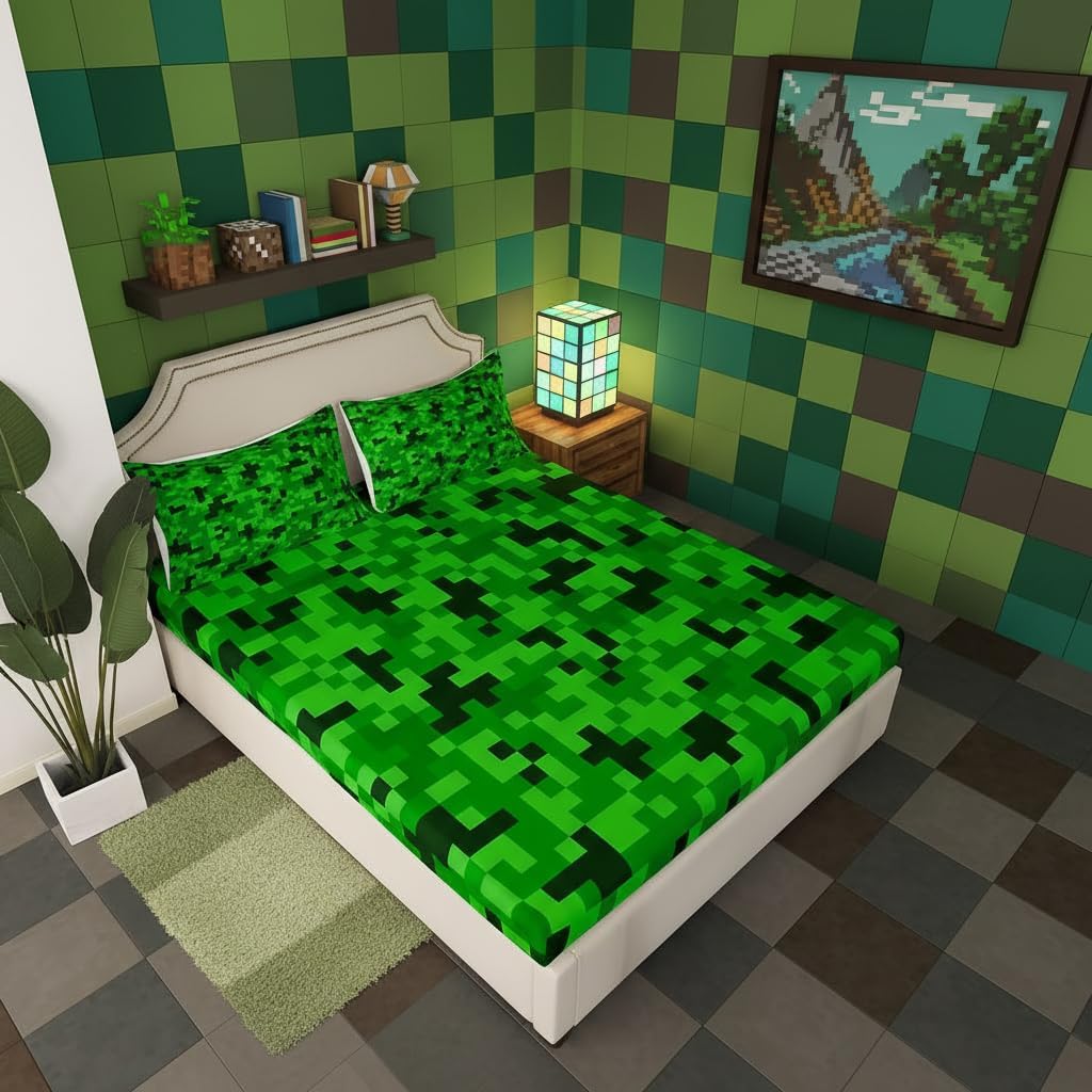 Green Pixelated Miners Sheet Sets Queen Size,Video Games Bedding Sheets for Kids Boys Girls Teens Room Decor,Cartoon Gamepad Fitted Sheet Modern Geometric Check Top Flat Sheet,2 Pillowcases