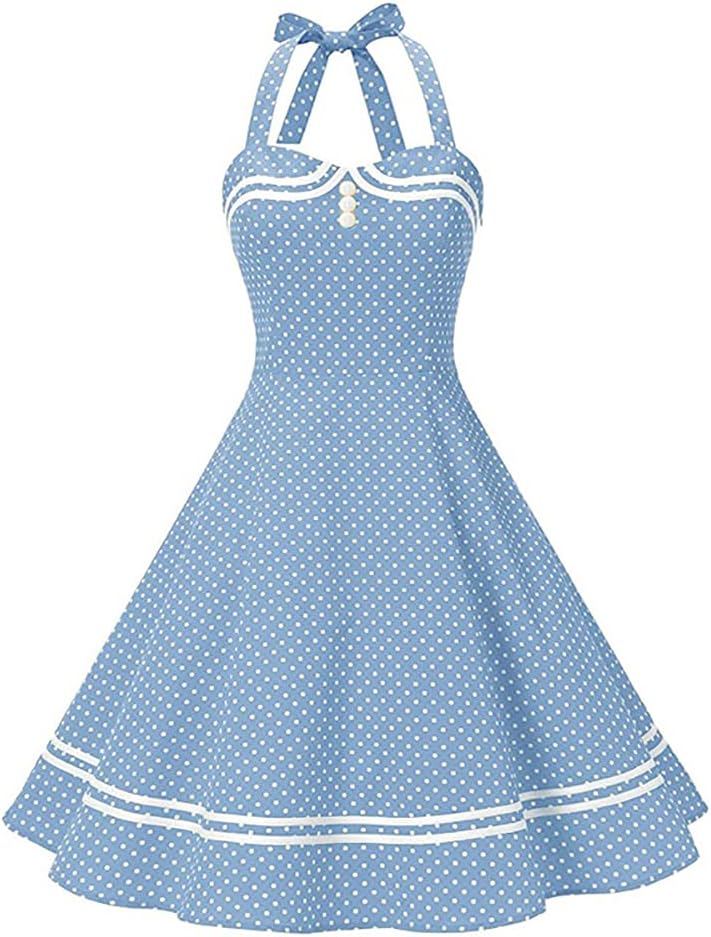 Women Halter Neck 50s 60s Vintage Polka Dot Cocktail Party Swing Dress Buttons Retro Pin Up 1950s Audrey Hepburn Rockabilly Prom Dress Knee Length A-Line Wedding Evening Tea Dresses Light Blue S