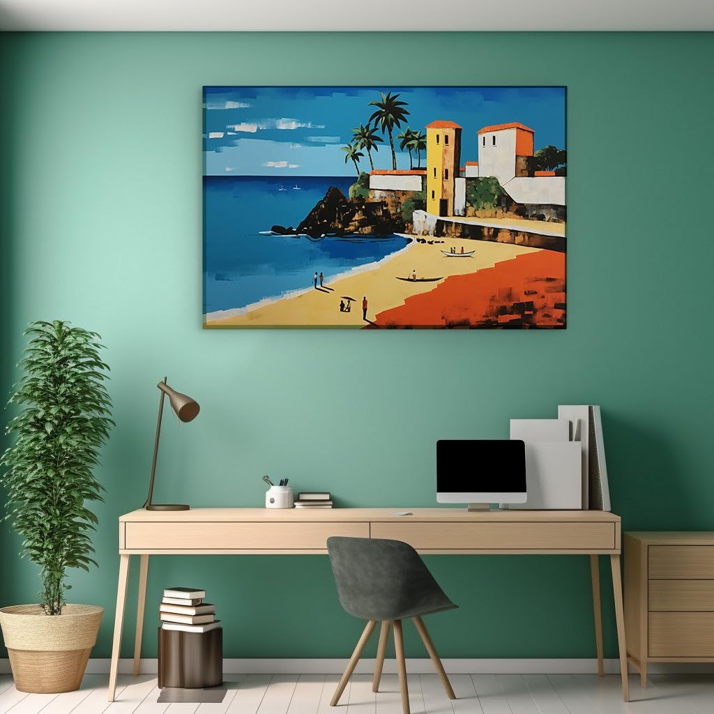 Canvas for Living room. Sunny Shores and Serene Vistas: A Lively Beach Scene Comes to Life in Digital Artistry, 27 x 18 inch Canvas Wall Art - Seascapes And Ocean - Modern Home Decor