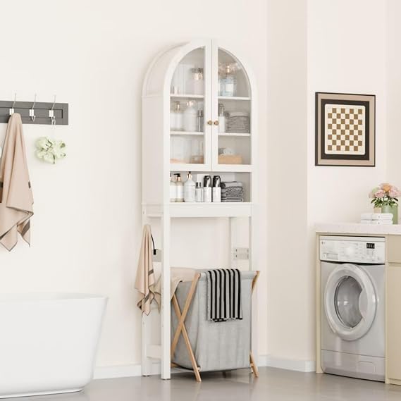 Over The Toilet Storage Cabinet, Modern Storage Cabinet Over Toilet with Acrylic Doors, Arched Freestanding Over Toilet Rack with Adjustable Shelf for Bathroom, Antique White