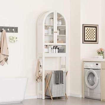 Over The Toilet Storage Cabinet, Modern Storage Cabinet Over Toilet with Acrylic Doors, Arched Freestanding Over Toilet Rack with Adjustable Shelf for Bathroom, Antique White