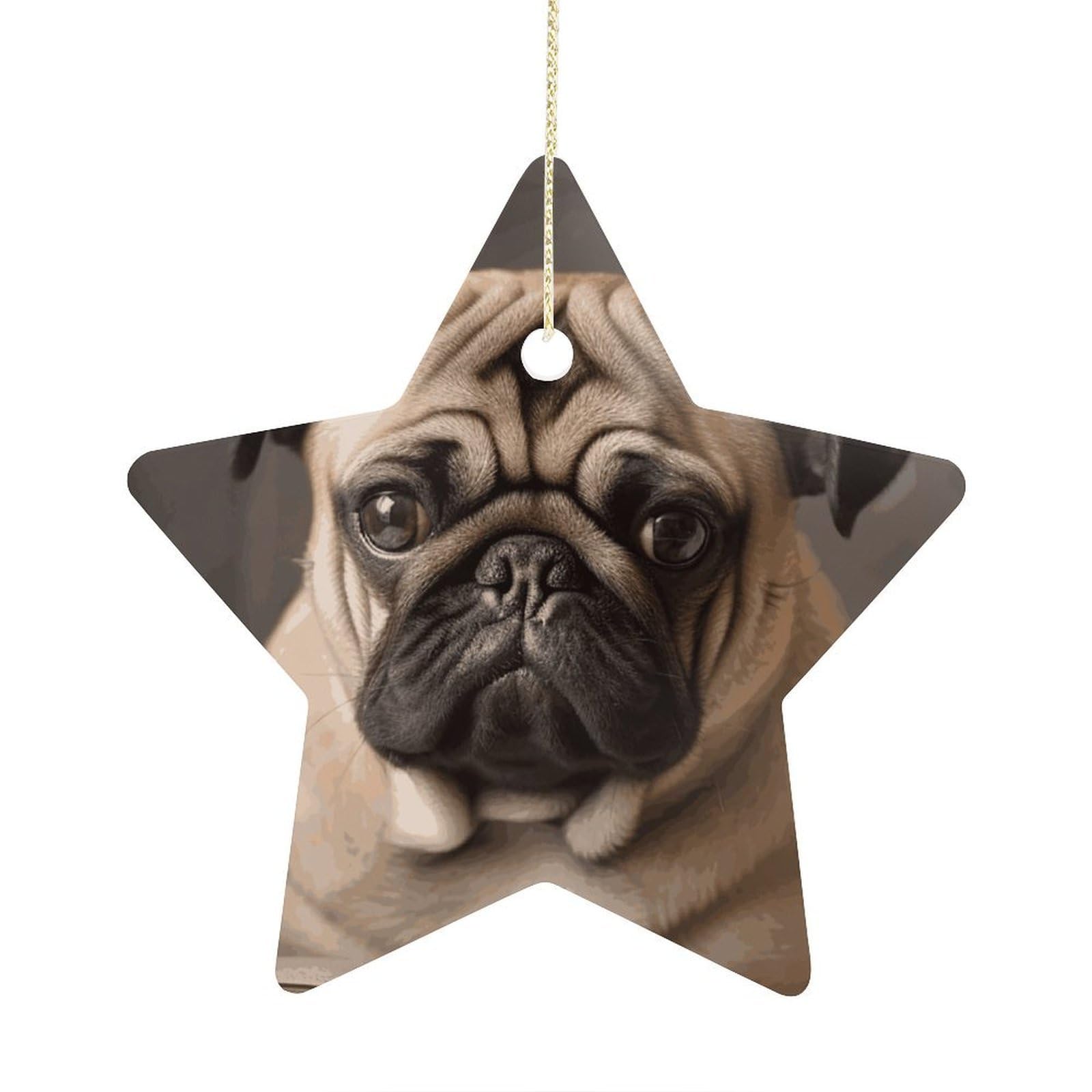Animal Pug Dog Stars Ornaments Ceramic Christmas Tree Hanging Light in Weight Christmas Star Pendants Funny Double-Sided Printed Xmas Ornaments for Gifts