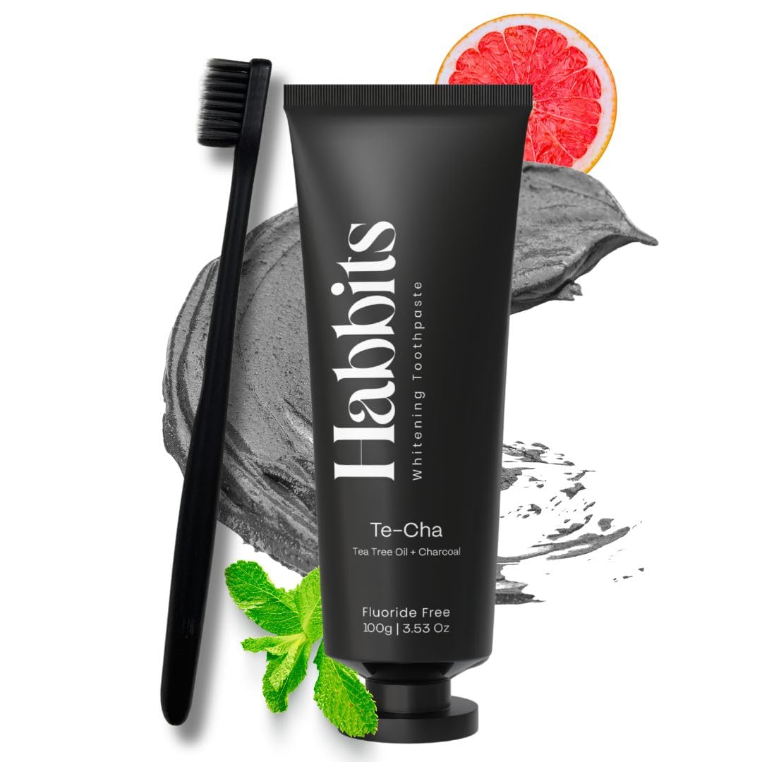 habbits natural teeth whitening toothpaste charcoal mint + wheatstraw toothbrush | fluoride-free, sls-free | hydroxyapatite toothpaste for sensitive teeth | eco-friendly oral care combo