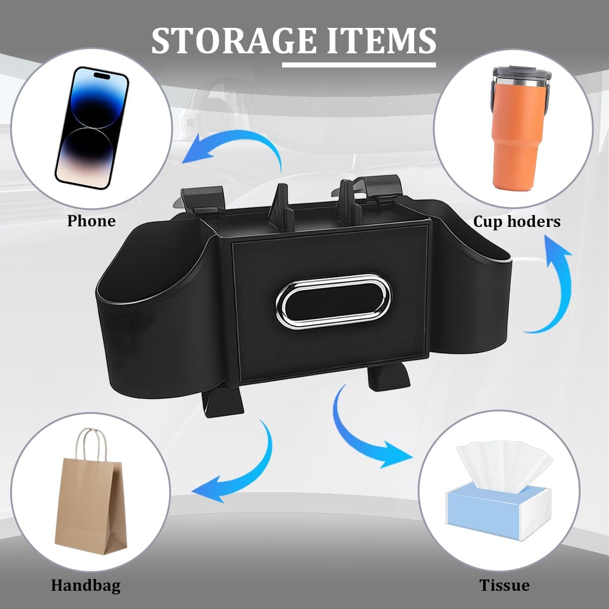 Car Headrest Back Seat Organizer, 4-in-1 Vehicle Seat Back Tissue Box with Cup Holder Headrest Hook, Phone Holder, Multifunctional Automotive Backseat Organizer, Universal for Vehicles (Black)