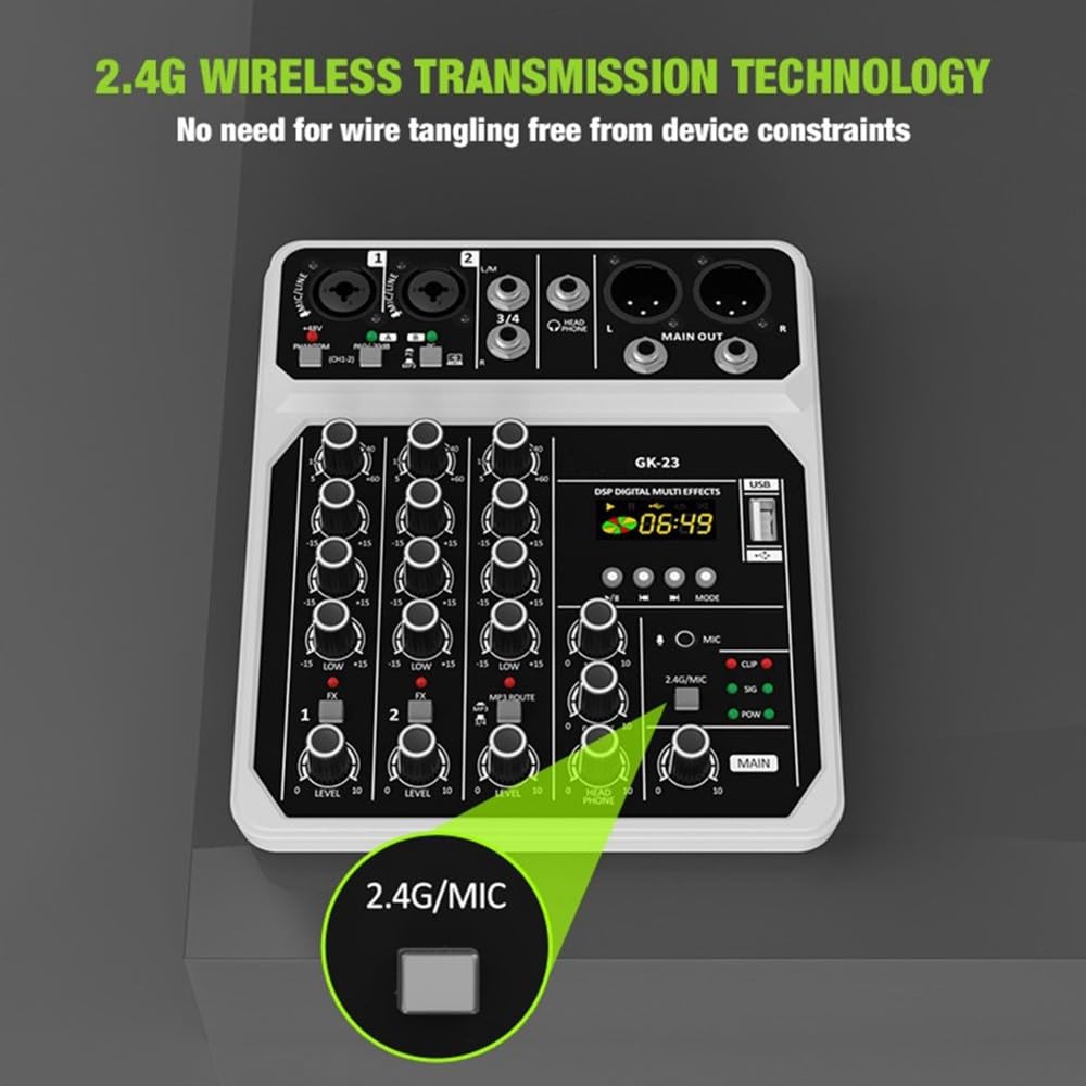 Console Mixer Audio Professionale A 4 Canali con Microfono Wireless Bluetooth USB per DJ, Karaoke, PC e Chitarra