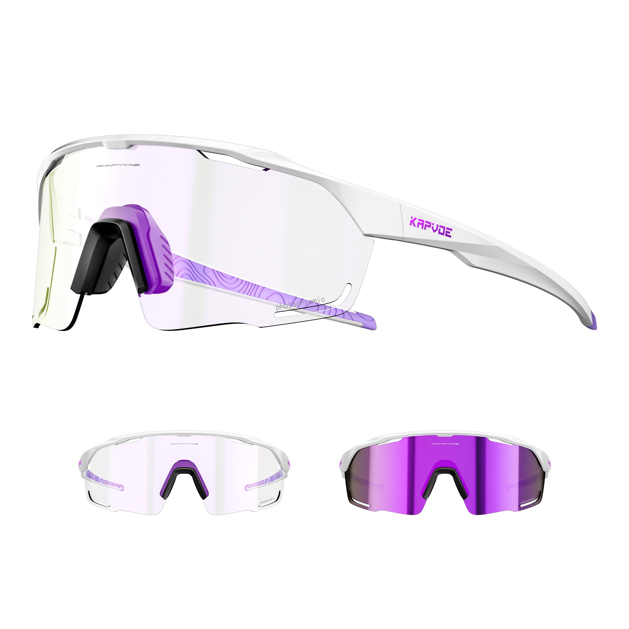 KAPVOE Photochromic Cycling Glasses Sports Sunglasses Clear UV400 Protection Women Men Bike Goggles Running MTB Bicycle Fishing Riding Golf Driving Hiking Glass Cycle White Purple 08