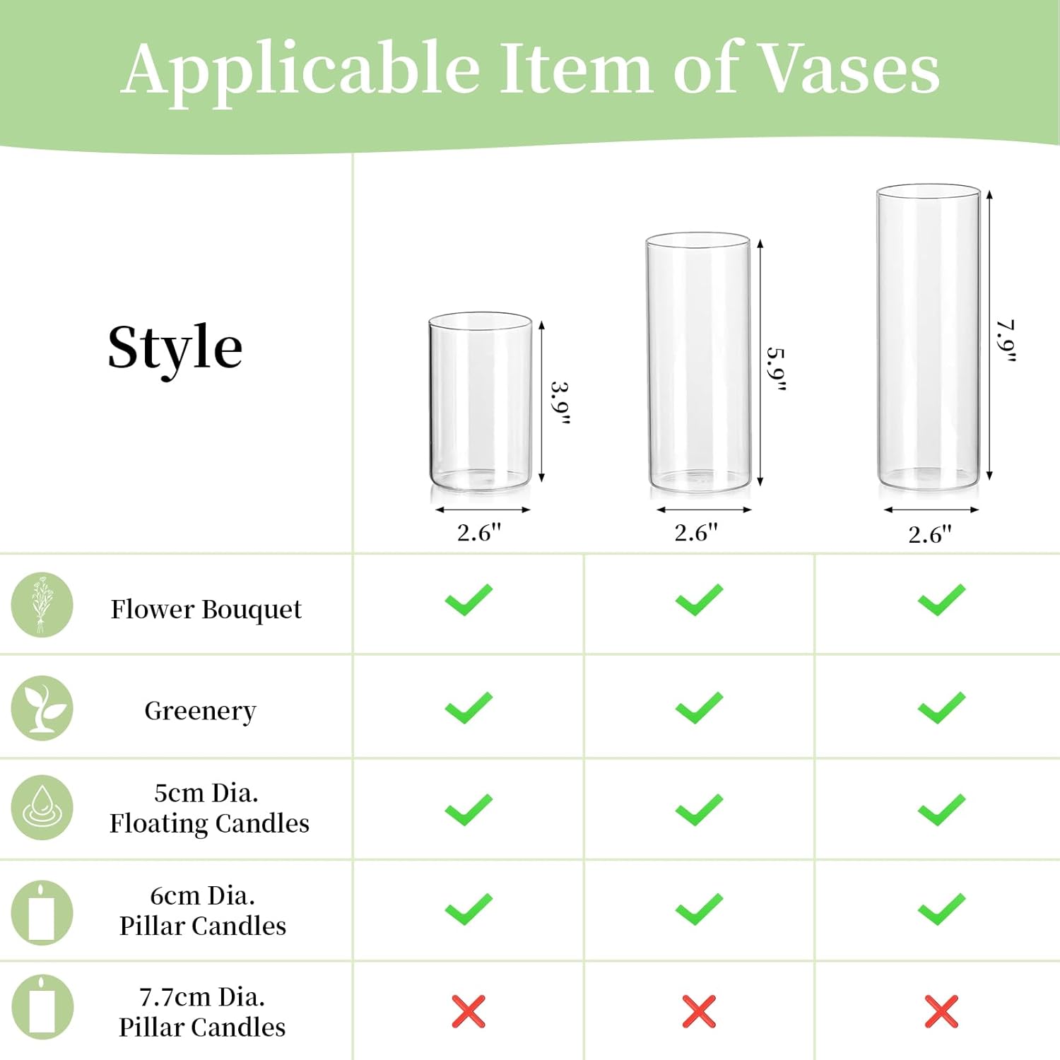 Glasseam Clear Glass Cylinder Vase, 6pcs Glass Vases for Centerpieces, Modern Floating Candle Vases for Flowers, Hurricane Vase Decor Candle Holders for Pillar Candles Wedding Decorations (4/6/8)