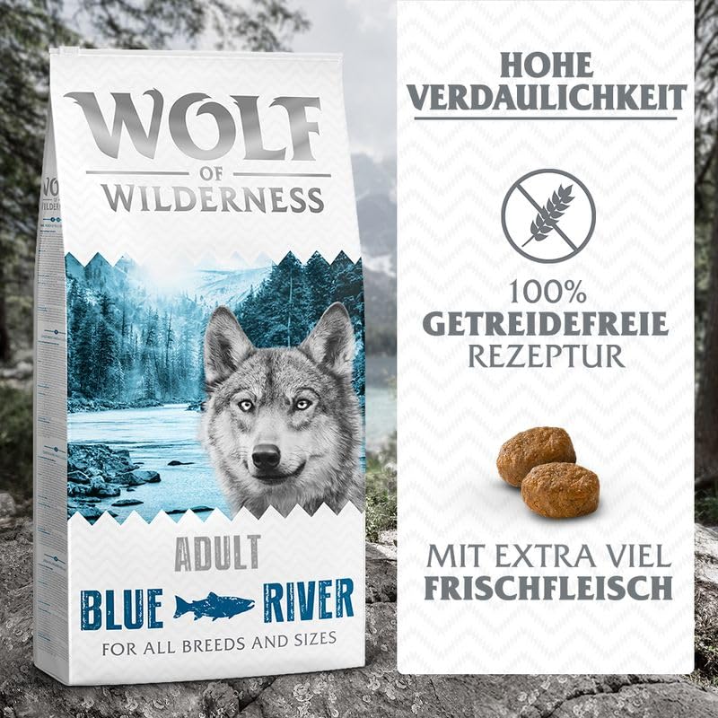 Wolf of Wilderness Adult Blue River, reich an Omega 3 Fettsäuren, enthält 61% reines Fleisch, niedriger Kohlenhydratgehalt – Lachs (2 x 12 kg)