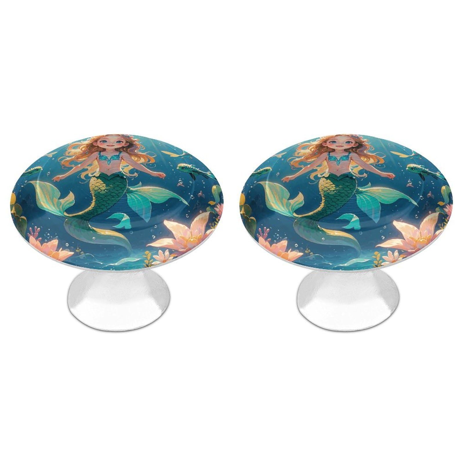 QMNLKH Mermaid Cabinet Knobs for Home, Round Drawer Pulls for Kitchen, Personalized Cupboard Handles with Screw, Fashion Dresser Knobs for Office, Drawer Handles, 2 Packs